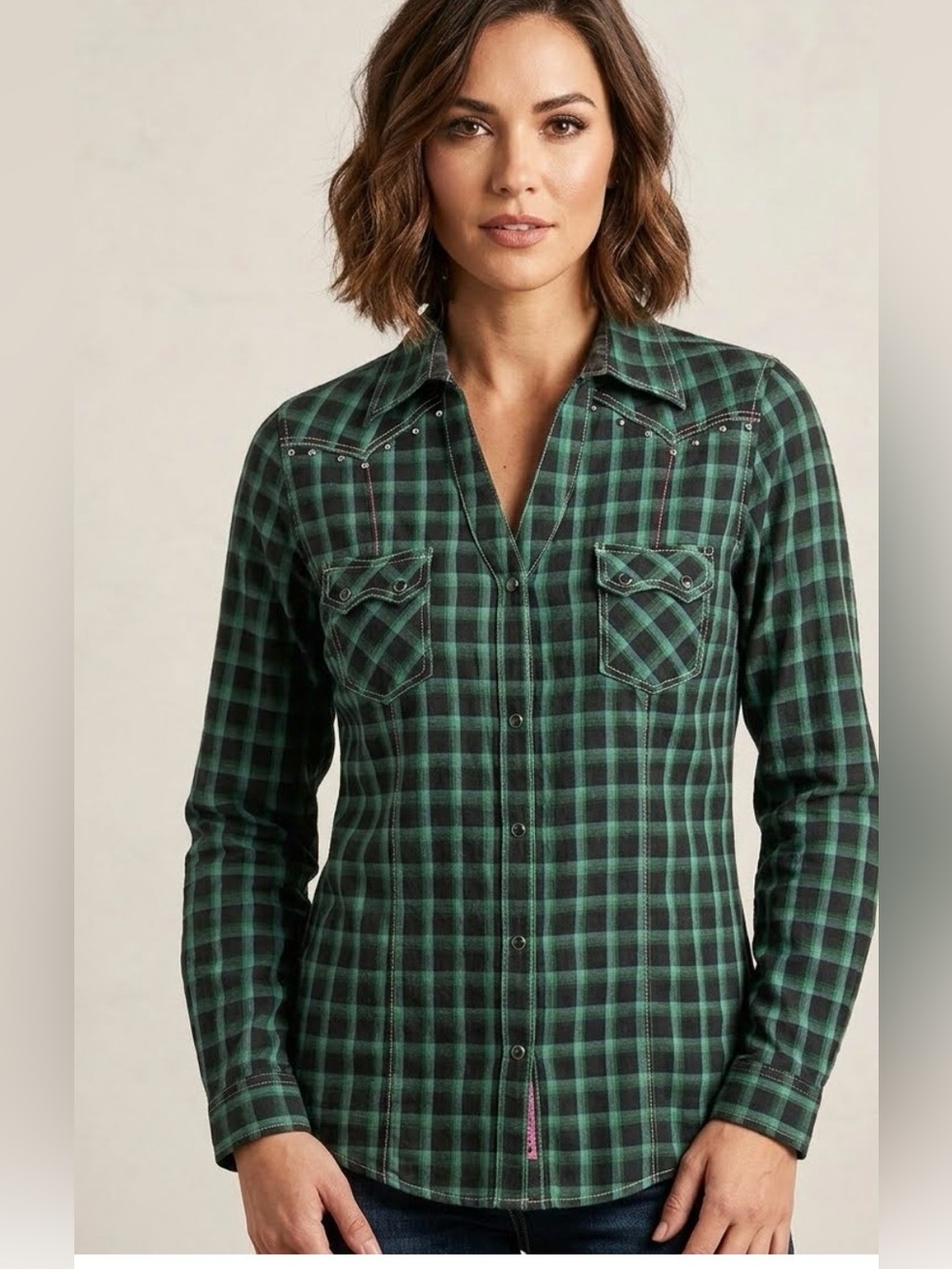 Wrangler Womens Shirt Size S Green Plaid Snap Up Embroidered Cowgirl Rock 47